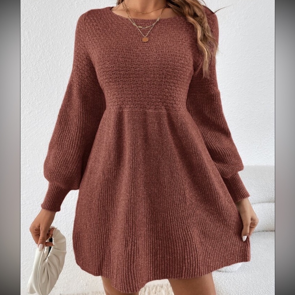 Solid Lantern Sleeve Sweater Dress - Picture 4 of 7